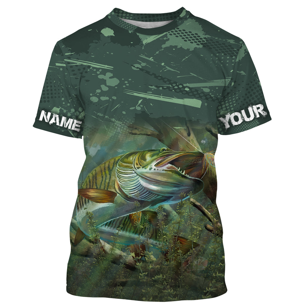 Maxcorners Musky (Muskie) Fishing Green Camo Customize Name 3D Shirts