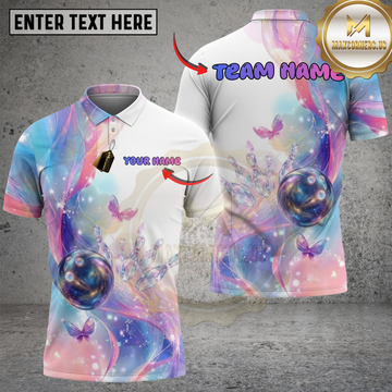 Maxcorners Bowling Magic Butterflies Cosmic Galaxy Pastel Pink Blue Multi Options Personalized Name, Team Name Unisex 3D Shirt (4 Colors)