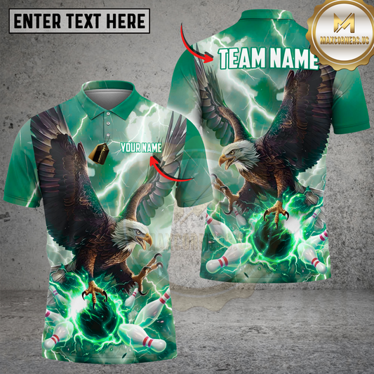 Maxcorners Bowling Majestic Bald Eagle Blue Lightning Storm Talons Gripping Ball Multi Options Personalized Name, Team Name Unisex 3D Shirt (4 Colors)