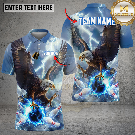 Maxcorners Bowling Majestic Bald Eagle Blue Lightning Storm Talons Gripping Ball Multi Options Personalized Name, Team Name Unisex 3D Shirt (4 Colors)
