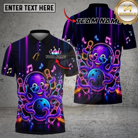 Maxcorners Bowling Ball Pins Retro Party Octopus Sunglasses Vibrant Colorful Graphic Multi Options Personalized Name, Team Name Unisex 3D Shirt (4 Colors)