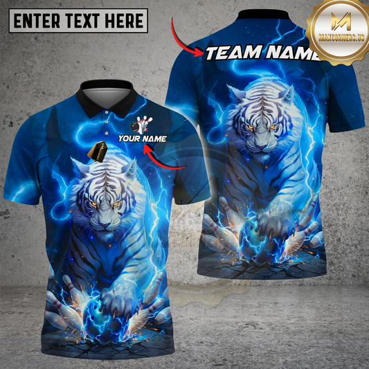 Maxcorners Bowling White Tiger Blue Lightning Storm Tiger Claw Gripping Ball Multi Options Personalized Name, Team Name Unisex 3D Shirt (4 Colors)