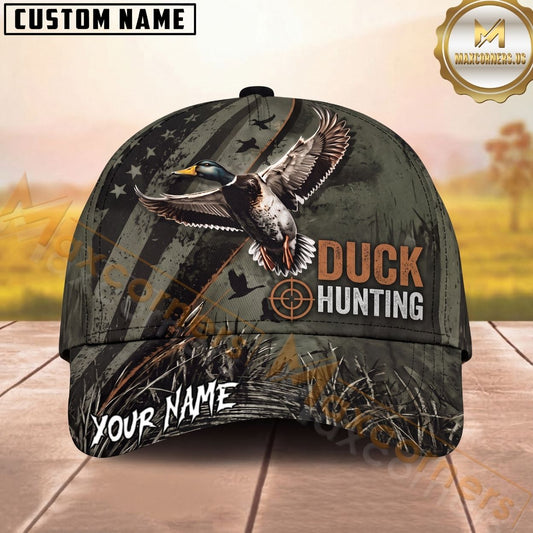 Maxcorners Duck Hunting Flying Mallard Vintage American Flag Personalized Name Unisex 3D Cap