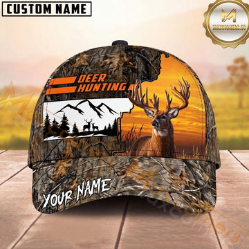 Maxcorners Deer Hunting Buck Sunset Woodland Camo Personalized Name Unisex 3D Cap