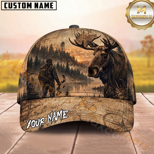 Maxcorners Bow Hunting Whitetail Moose Vintage Forest Personalized Name Unisex 3D Cap