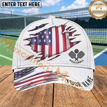 Maxcorners Pickleball Cap Ripped American Flag Patriotic Design Personalized Name 3D Cap