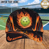 Maxcorners Pickleball Cap Flaming Ball Black Orange Design Multi Options Personalized Name 3D Cap
