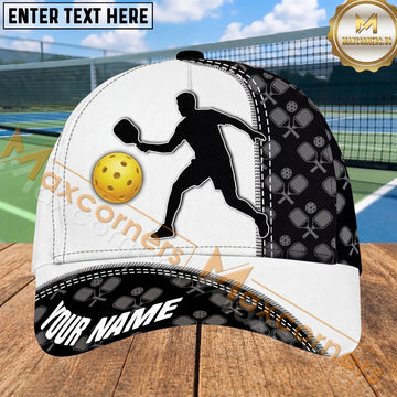 Maxcorners Pickleball Player Cap Black White Split Design Multi Options Personalized Name 3D Cap