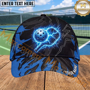 Maxcorners Pickleball Cap Blue Lightning Paddle and Ball Design Multi Options Personalized Name 3D Cap