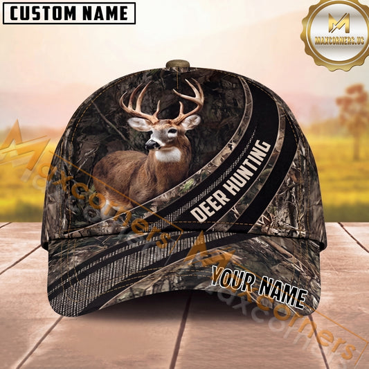 Maxcorners Hunting Cap Whitetail Buck Woodland Camouflage Stripe Design Multi Options Personalized Name 3D Cap