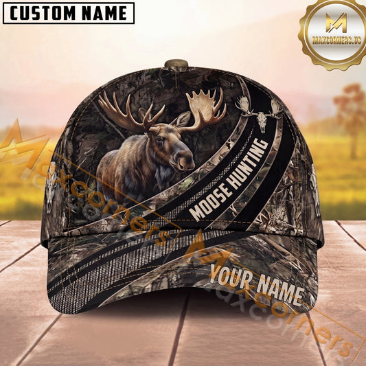 Maxcorners Hunting Cap Whitetail Buck Woodland Camouflage Stripe Design Multi Options Personalized Name 3D Cap