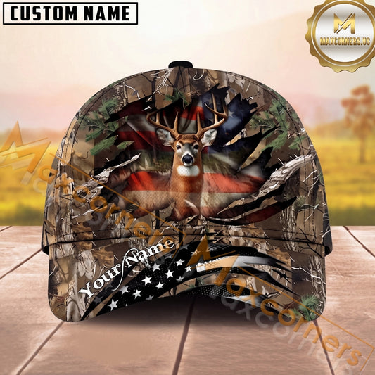 Maxcorners Hunting Cap Whitetail Buck Ripped American Flag Camo Design Multi Options Personalized Name 3D Cap