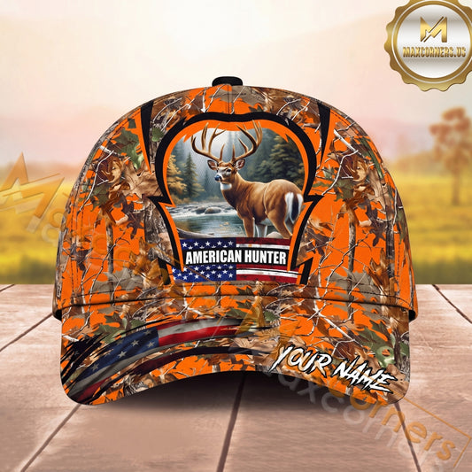 Maxcorners American Deer Hunter Cap Whitetail Buck Orange Woodland Camo Design Multi Options Personalized Name 3D Cap