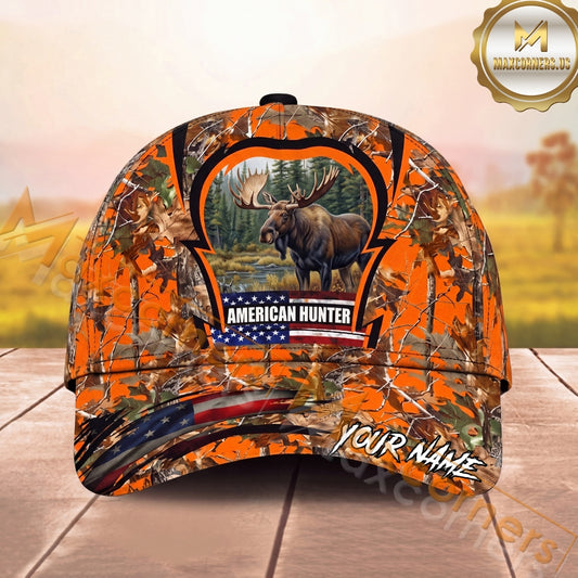 Maxcorners American Deer Hunter Cap Whitetail Buck Orange Woodland Camo Design Multi Options Personalized Name 3D Cap