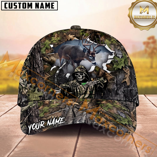 Maxcorners Bow Hunting Cap Skeleton Archer Whitetail Deer Woodland Camo Design Multi Options Personalized Name 3D Cap