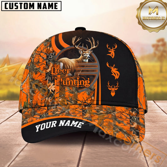 Maxcorners Hunting Cap Whitetail Buck Orange Camo Emblem Design Multi Options Personalized Name 3D Cap