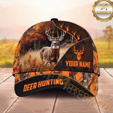 Maxcorners Hunting Cap Whitetail Buck Autumn Forest Black Orange Design Multi Options Personalized Name 3D Cap