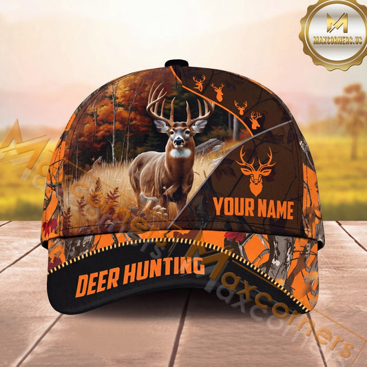 Maxcorners Hunting Cap Whitetail Buck Autumn Forest Black Orange Design Multi Options Personalized Name 3D Cap