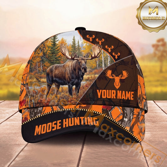 Maxcorners Hunting Cap Whitetail Buck Autumn Forest Black Orange Design Multi Options Personalized Name 3D Cap