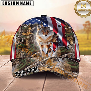 Maxcorners Wolf Hunting Cap American Flag Ripped Woodland Camo Design Multi Options Personalized Name 3D Cap