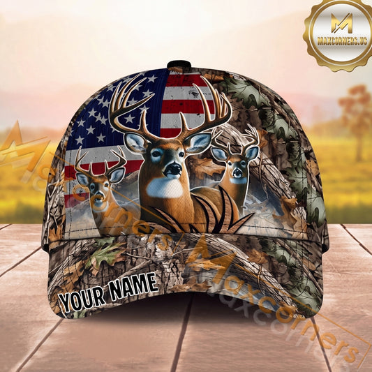 Maxcorners Hunting Cap Whitetail Buck Trio American Flag Camo Design Multi Options Personalized Name 3D Cap