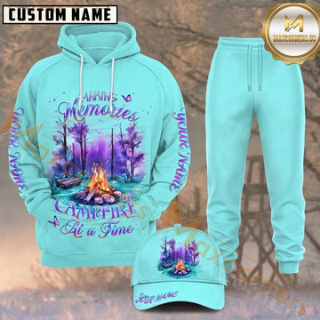 Maxcorners Hunting Campfire Memories Aqua Blue Outdoor Pattern Personalized 3D Combo Hoodie, Sweatpants Set & Cap