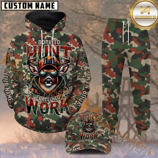 Maxcorners Hunting Born To Hunt Green Camo Deer Personalized 3D Combo Hoodie, Sweatpants Set & Cap