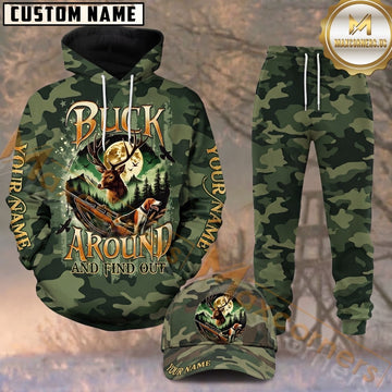Maxcorners Hunting Buck Around Green Woodland Camo Personalized 3D Combo Hoodie, Sweatpants Set & Cap
