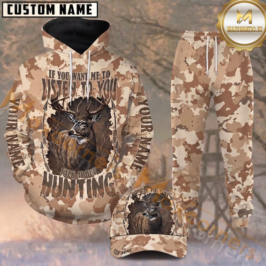 Maxcorners Hunting Deer Beige Desert Camo Personalized 3D Combo Hoodie, Sweatpants Set & Cap