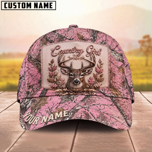 Maxcorners Country Girl Buck Deer Pink Tree Camo Personalized Name Unisex 3D Cap