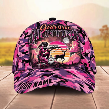 Maxcorners Girls Make Hunting Look Good Sunset Deer Hunter Pink Camo Personalized Name Unisex 3D Cap