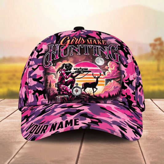 Maxcorners Girls Make Hunting Look Good Sunset Deer Hunter Pink Camo Personalized Name Unisex 3D Cap