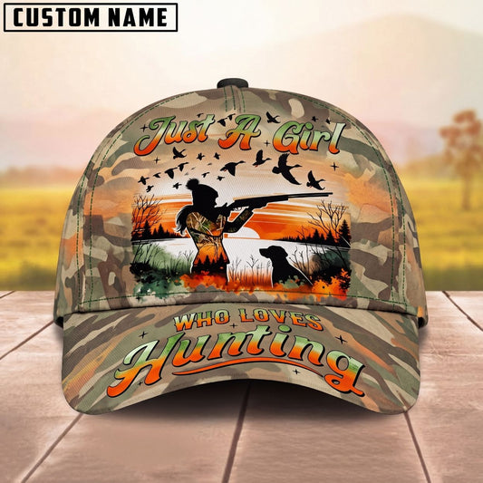Maxcorners Just A Girl Who Loves Hunting Waterfowl Dog Sunset Camo Personalized Name Unisex 3D Cap