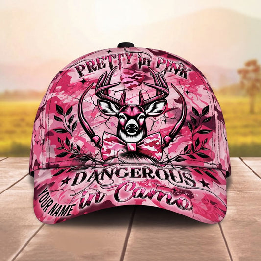 Maxcorners Deer Stag Bowtie Pretty In Pink Camo Dangerous In Camo Personalized Name Unisex 3D Cap