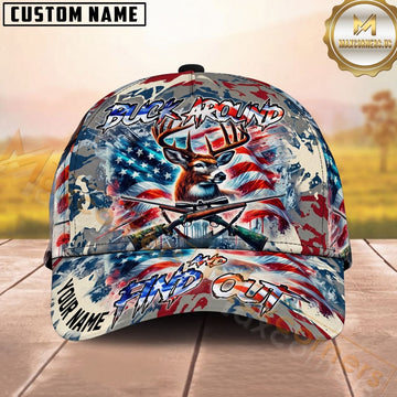 Maxcorners Buck Around And Find Out Deer Hunter American Flag Personalized Name Unisex 3D Cap