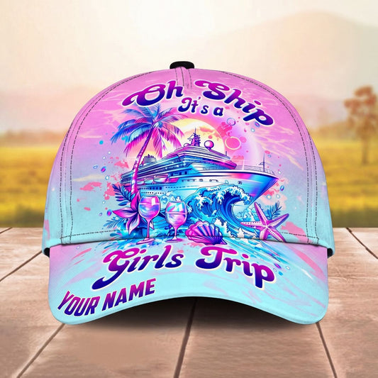 Maxcorners Cruise Ship Tropical Sunset Oh Ship Girls Trip Personalized Name Unisex 3D Cap