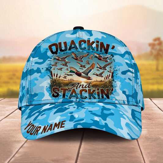 Maxcorners Quackin And Stackin Flying Ducks Blue Camo Personalized Name Unisex 3D Cap