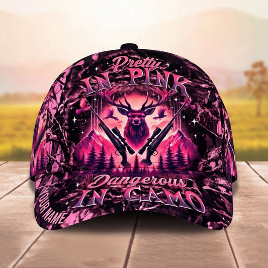 Maxcorners Stag Deer Cross Rifles Dangerous In Camo Pretty In Pink Personalized Name Unisex 3D Cap