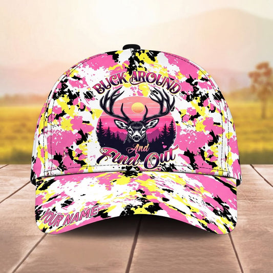 Maxcorners Buck Around And Find Out Deer Splash Pink Yellow Camo Personalized Name Unisex 3D Cap