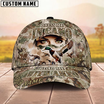 Maxcorners Huntress Pretty Eyes Flying Mallard Duck Camo Personalized Name Unisex 3D Cap