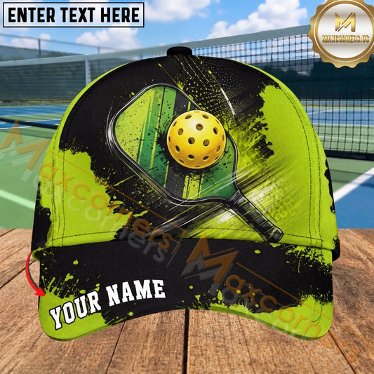 Maxcorners Pickleball Cap Neon Green Paddle Paint Splatter Design Personalized Name 3D Cap