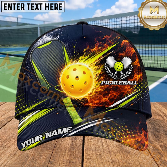 Maxcorners Pickleball Cap Flaming Ball Paddle Navy Sport Design Personalized Name 3D Cap
