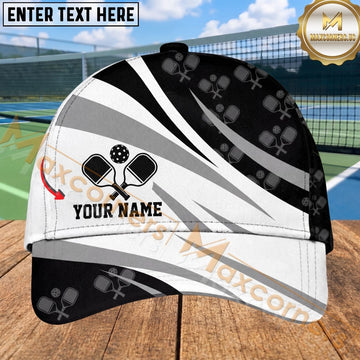 Maxcorners Pickleball Cap Black White Abstract Paddle Pattern Design Personalized Name 3D Cap