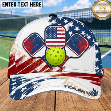 Maxcorners USA Pickleball Cap American Flag Crossed Paddles Patriotic Design Personalized Name 3D Cap