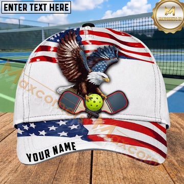 Maxcorners USA Pickleball Cap Bald Eagle American Flag Paddle Design Personalized Name 3D Cap