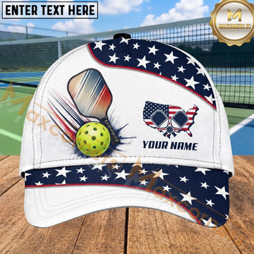 Maxcorners USA Pickleball Cap American Flag Paddle and Ball Patriotic Design Personalized Name 3D Cap