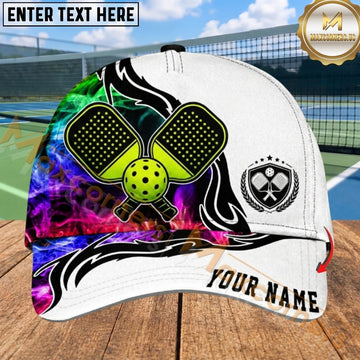Maxcorners Pickleball Cap Neon Flame Crossed Paddles Colorful Design Personalized Name 3D Cap
