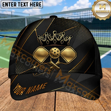 Maxcorners Pickleball Cap Gold Crown Crossed Paddles Luxury Black Design Personalized Name 3D Cap