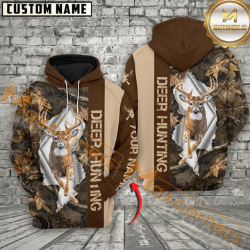 Maxcorners Hunting Hoodie Ripped Camo Brown Design Personalized Name Unisex 3D Hoodie
