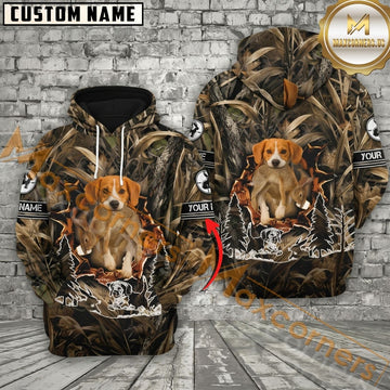Maxcorners Rabbit Hunting Hoodie Beagle Hunting Dog Woodland Camo Design Personalized Name Unisex 3D Hoodie
